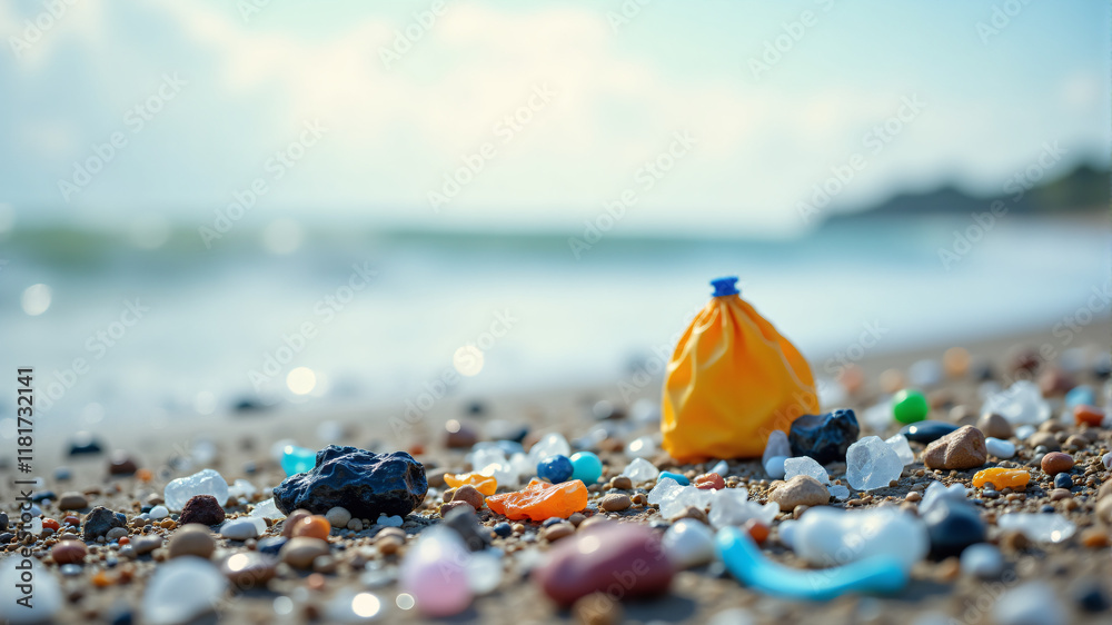 A yellow bag surrounded by various colorful plastic debris on a beach shore. A yellow bag surrounded by various colorful plastic debris on a beach shore.