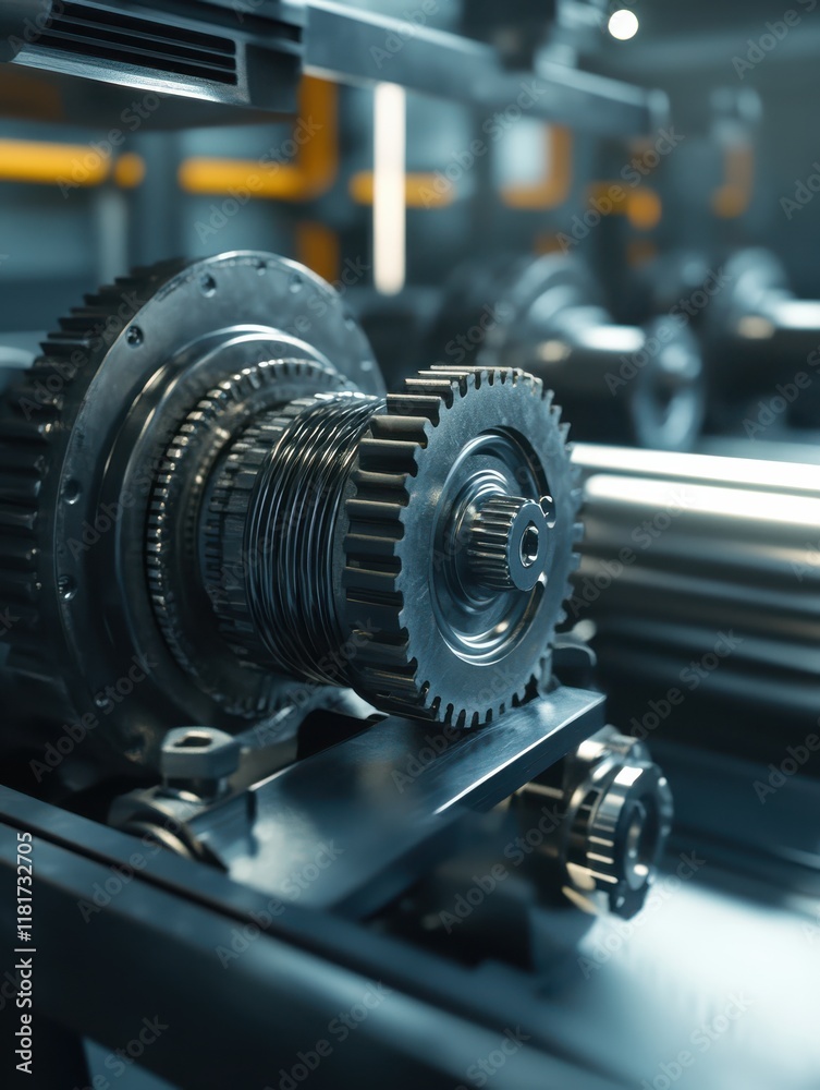 Fototapeta premium Close-up of intricate gears showcased in a modern factory environment, highlighting the precision of industrial machinery involved in manufacturing processes