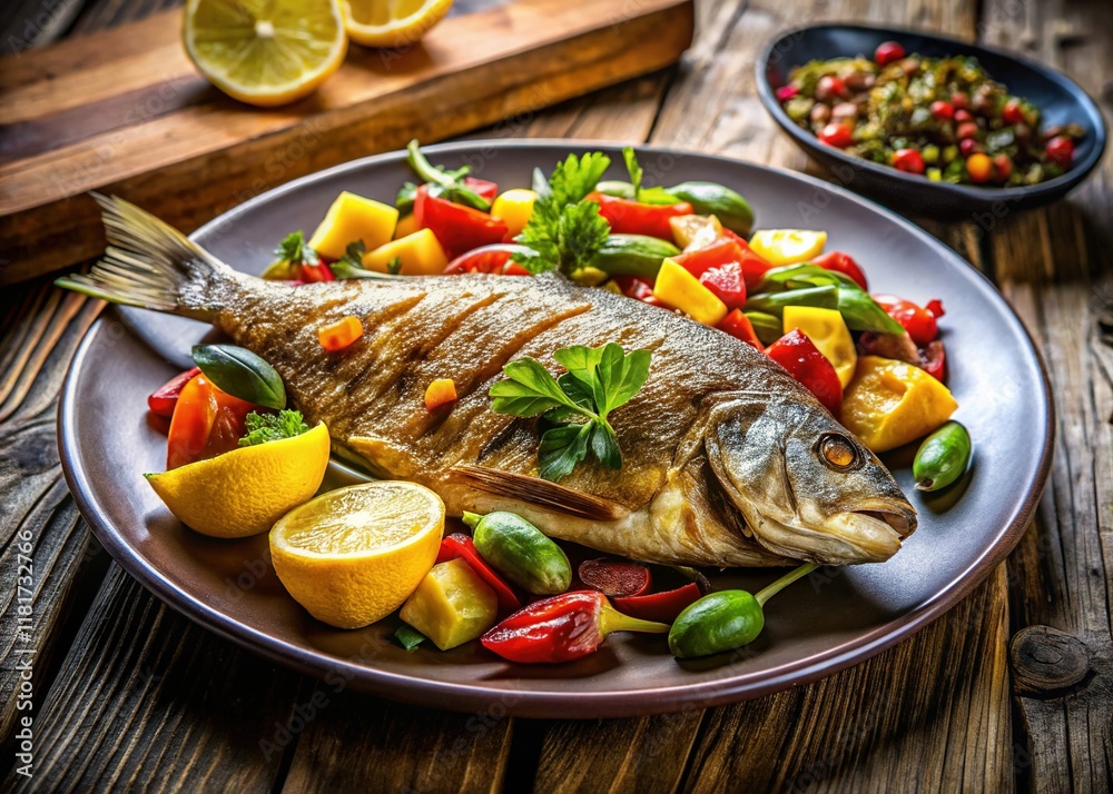 Crispy Fried Dorado Fish with Lemon and Vegetables - Stock Photo Crispy Fried Dorado Fish with Lemon and Vegetables - Stock Photo
