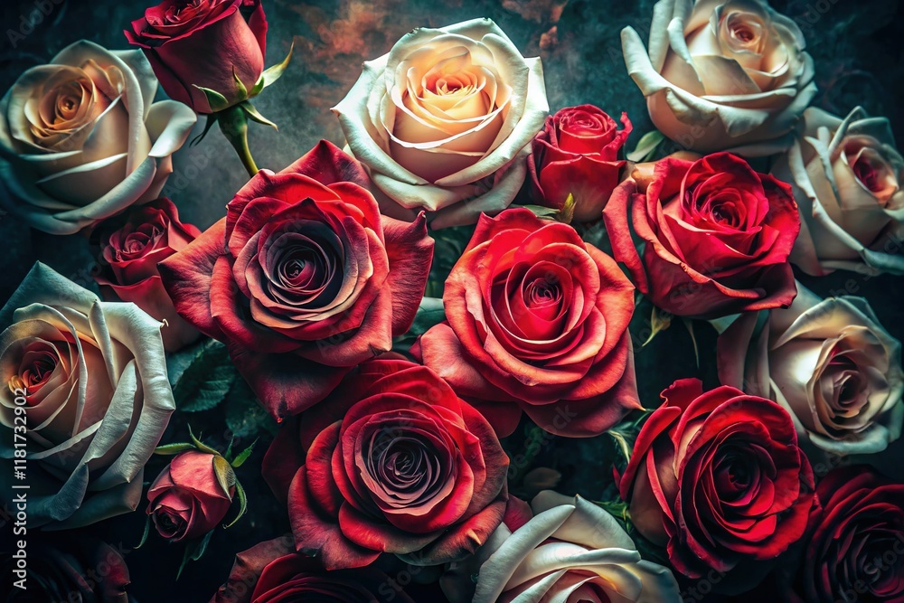Dark Floral Background Double Exposure: Red and White Roses - Stock Photo Dark Floral Background Double Exposure: Red and White Roses - Stock Photo