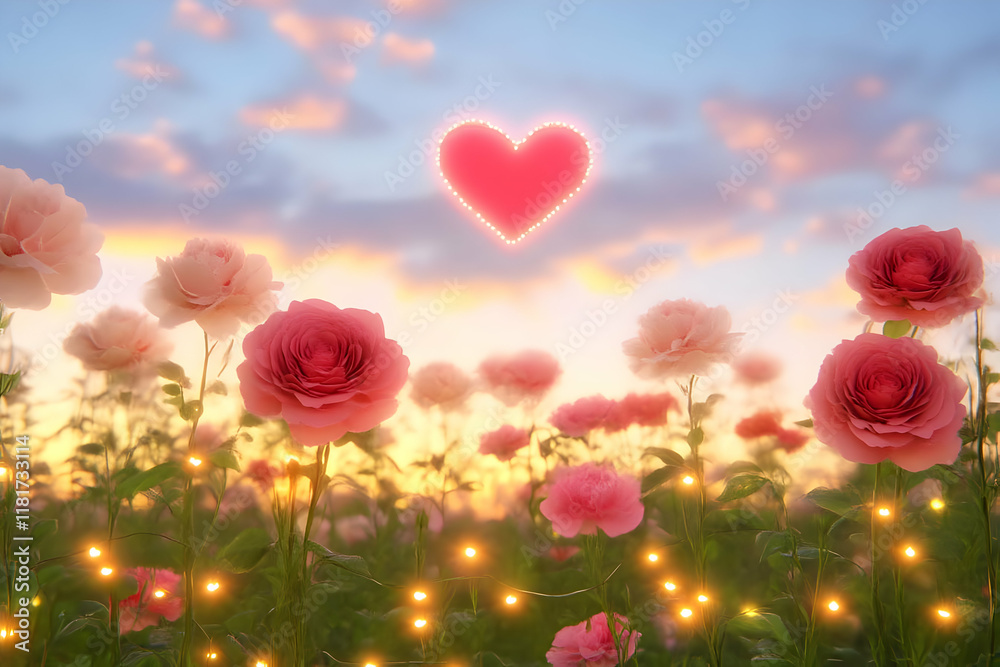 Obraz premium A dreamy pink and red floral garden at dusk