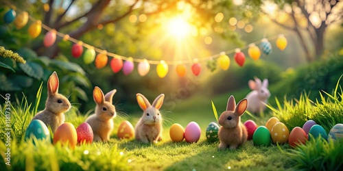 Easter Eggs, Bunnies & Welcome Banner on Grassy Hill - Long Exposure Stock Photo