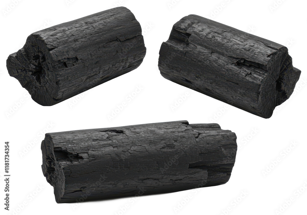 Fototapeta premium Three pieces of black charcoal with rough, natural texture, isolated on a white background