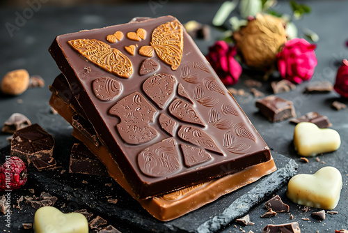 chocolate with nuts in concept of valentine day on 14 February 2025 with pink and red heart gift love rose romance romantic things with background