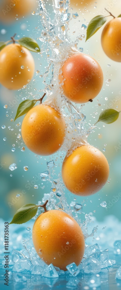 Mango falling with a splash of water and ice, pastel blurred background. Vertical. Falling fruits concept for restaurants and bars menu Mango falling with a splash of water and ice, pastel blurred background. Vertical. Falling fruits concept for restaurants and bars menu