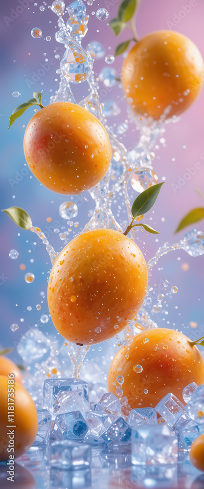 Mango falling with a splash of water and ice, pastel blurred background. Vertical. Falling fruits concept for restaurants and bars menu Mango falling with a splash of water and ice, pastel blurred background. Vertical. Falling fruits concept for restaurants and bars menu