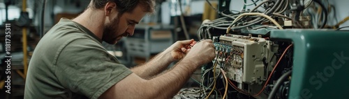 A technician works meticulously on wiring in a workshop, surrounded by tools and machinery, showcasing expertise in electronics repair. photo