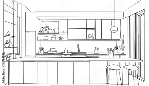 Kitchen room line sketch design on white background. Furniture