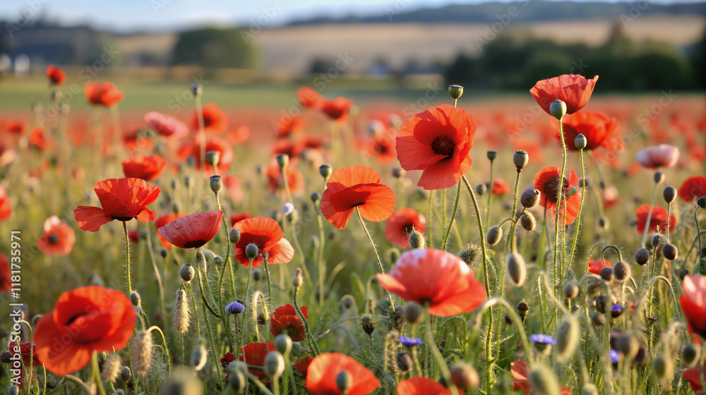 Fototapeta premium Vibrant red poppies blooming in a lush green field