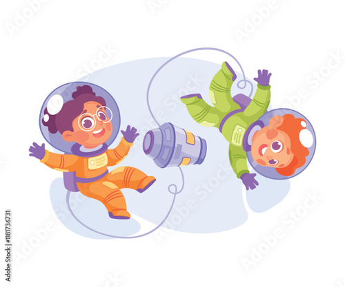 Boy and Girl Astronaut Character in Outer Space Exploring Universe Vector Illustration