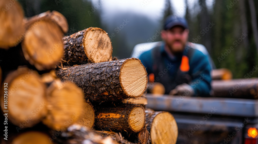 A close-up view of stacked logs with a logger working in a misty forest, emphasizing the elements of nature, labor, and the coexistence of human effort with the environment. A close-up view of stacked logs with a logger working in a misty forest, emphasizing the elements of nature, labor, and the coexistence of human effort with the environment.