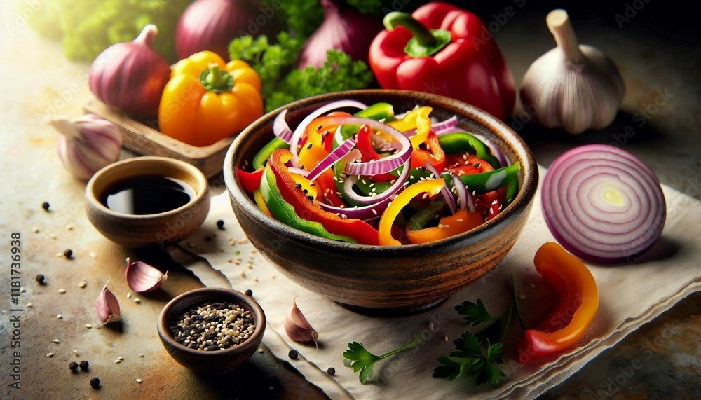 A vibrant bowl of fresh salad with colorful bell peppers, onion, and garnish, surrounded by raw vegetables and spices, showcasing healthy eating and culinary freshness in a rustic setting.
A vibrant bowl of fresh salad with colorful bell peppers, onion, and garnish, surrounded by raw vegetables and spices, showcasing healthy eating and culinary freshness in a rustic setting.