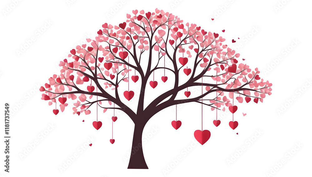 Fototapeta premium Celebrating Valentine's Day with a twist! Picture a Valentine tree adorned with heart-shaped paper leaves and dangling hearts. It's a fun illustration!