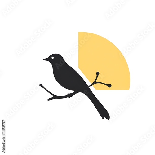 Silhouette of a Bird on a Branch with a Sun: A simple yet elegant illustration featuring a black silhouette of a bird perched on a branch, with a stylized sun behind it. photo