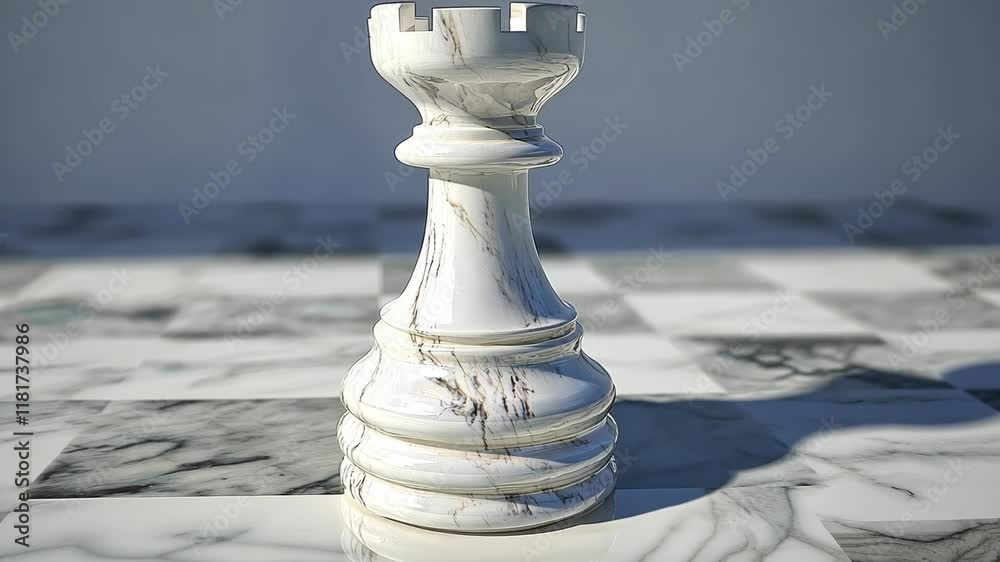 Marble chess rook on a checkered board with dramatic lighting in a minimalist setting