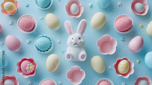 Top view photo of easter decor composition funny easter bunnies multicolored easter eggs in paper baking molds and confectionery topping on isolated pastel blue background with blank space