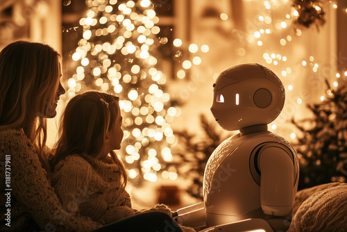 a living room with christmas tree and decorations, a happy family, artificial intelligence robot helping 
