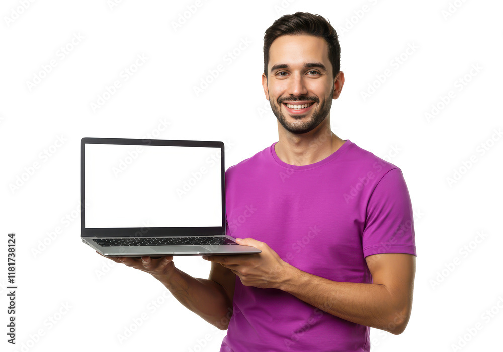 A smiling man in a purple shirt holding a laptop, isolated on white background A smiling man in a purple shirt holding a laptop, isolated on white background