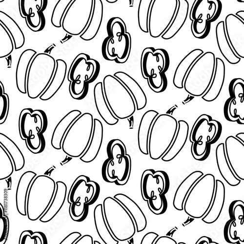 Pattern the whole bell pepper and cut into slices. Paprika. Culinary seasonings and spices, texture. Seamless . black outline and silhouette on a white background. Seasonings, spices, food additives