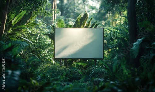 Forest, mockup space and advertising billboard for ecology logo design, climate change and sustainability nature product. Empty poster for marketing, woods and jungle announcement for, Generative AI photo