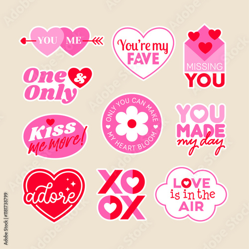 Set of cute pink stickers for valentine’s day. Love concept quotes with typography design.	