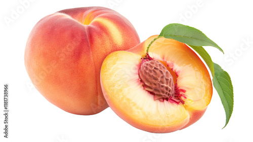 Whole and Sliced Peach with Leaves Isolated on Transparent Background