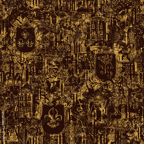 Abstract grunge Seamless pattern Wallpaper on ancient architecture and art. Hand-drawn vector background with vintage buildings, architectural elements, medieval knightly coats of arms and old keys. 