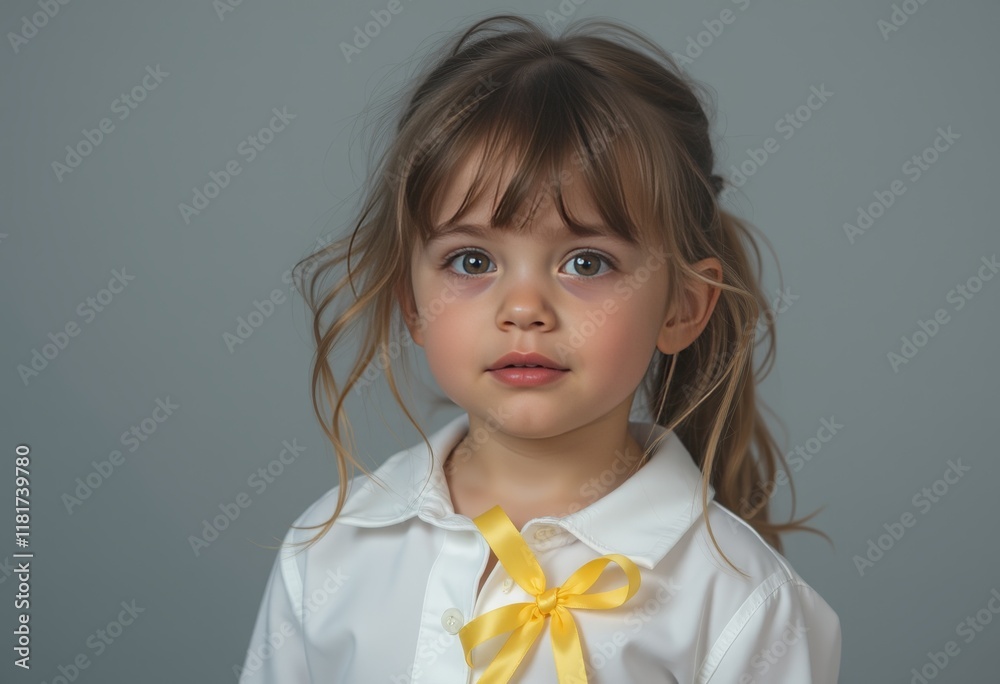 Young girl with yellow bow tie and curious expression Young girl with yellow bow tie and curious expression