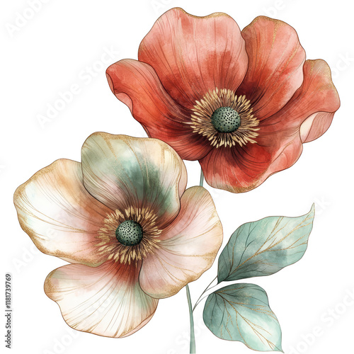 Vibrant floral illustration of red and peach anemone flowers nature theme art print soft background aesthetic appeal