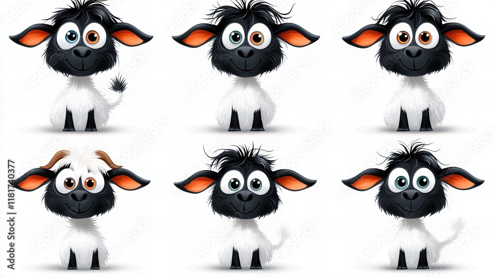 Six adorable cartoon lambs in various poses. Each lamb has a unique expression. Six adorable cartoon lambs in various poses. Each lamb has a unique expression.