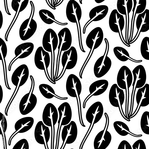 spinach pattern. Texture of the leaves and tufts is up. Culinary seasonings and spices. Seamless with fine details. Black silhouette on a white. Vector illustration. Seasonings, spices, food additives