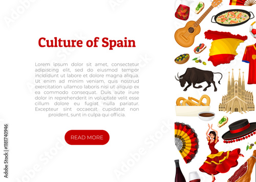 Spain Banner Design with Traditional Symbol and Object Vector Template