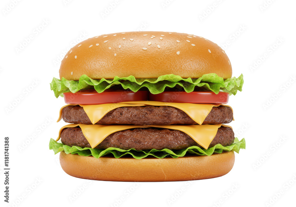 Burger isolated on white background, front angled view, no depth of field, sharp. Burger isolated on white background, front angled view, no depth of field, sharp.