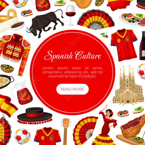 Spain Banner Design with Traditional Symbol and Object Vector Template