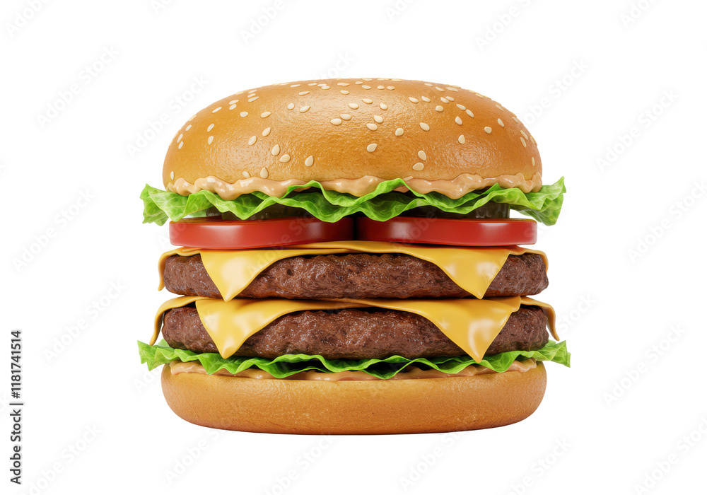 Burger isolated on white background, front angled view, no depth of field, sharp. Burger isolated on white background, front angled view, no depth of field, sharp.