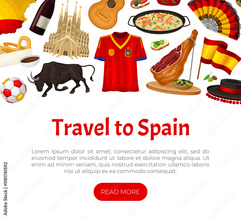 Fototapeta premium Spain Banner Design with Traditional Symbol and Object Vector Template
