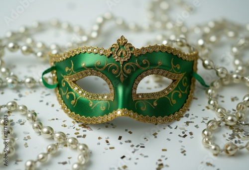 Green masquerade mask with gold details and beads photo