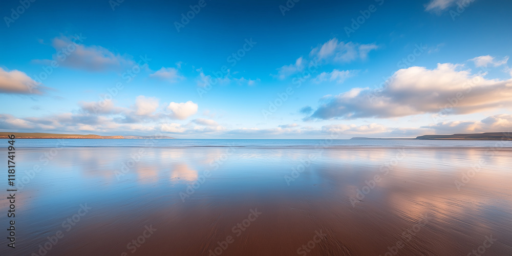 Naklejka premium serene beach landscape with calm waters reflecting sky.