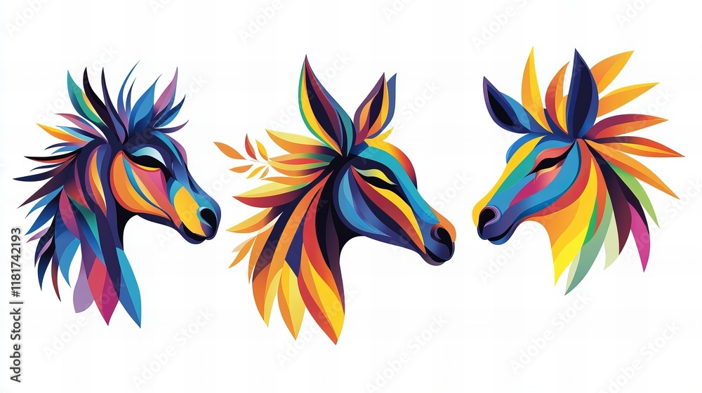 Obraz premium Three vibrant, colorful horses' heads. A unique, artistic depiction of equine beauty.