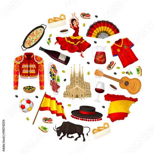 Spain Round Composition Design with Traditional Symbol and Object Vector Template