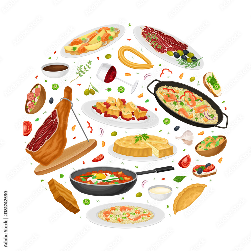 Spanish Dish and Food Round Composition with Traditional Meal Vector Template Spanish Dish and Food Round Composition with Traditional Meal Vector Template