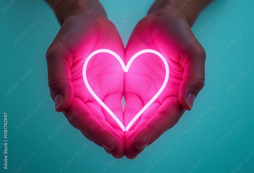 Hands forming glowing pink heart on teal background Hands forming glowing pink heart on teal background