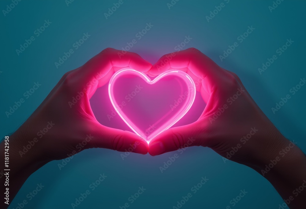 Obraz premium Hands forming glowing pink heart on teal background