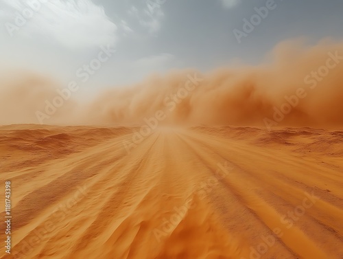 Desert road engulfed by sandstorm.