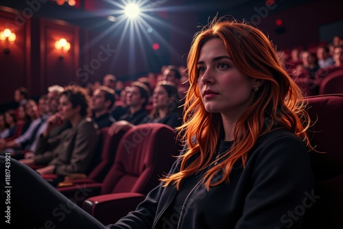 Young Woman with Red Hair Watching Movie in Cinema Theater Audience photo