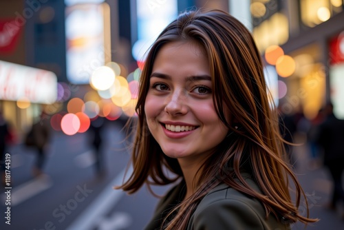 Smiling Young Woman with Brown Hair in City Night Lights Urban Portrait