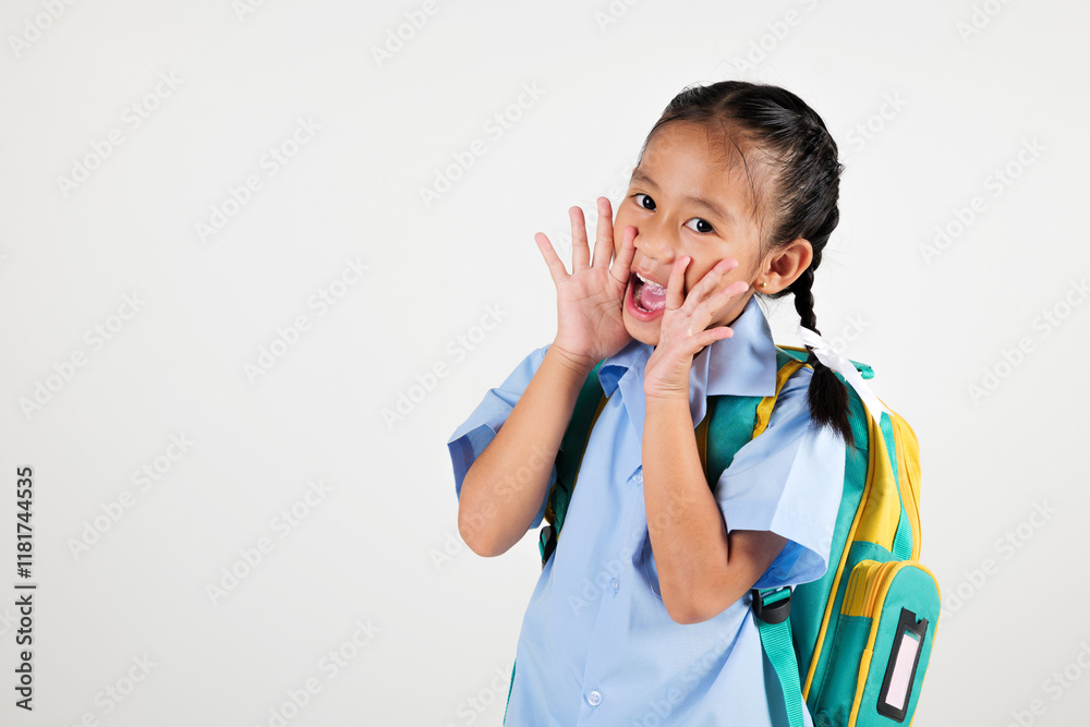 Portrait smile Asian little girl kindergarten hold hands open mouth make shout speak loud announcement studio isolated white background, happy woman kid wear school uniform screaming, back to school Portrait smile Asian little girl kindergarten hold hands open mouth make shout speak loud announcement studio isolated white background, happy woman kid wear school uniform screaming, back to school
