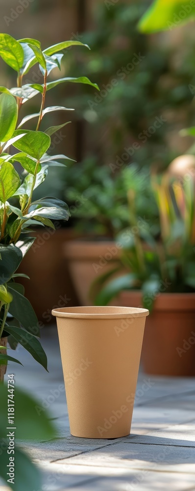 Fototapeta premium A close-up of a biodegradable plant pot mockup surrounded by lush greenery, perfect for gardening enthusiasts and eco-friendly projects.