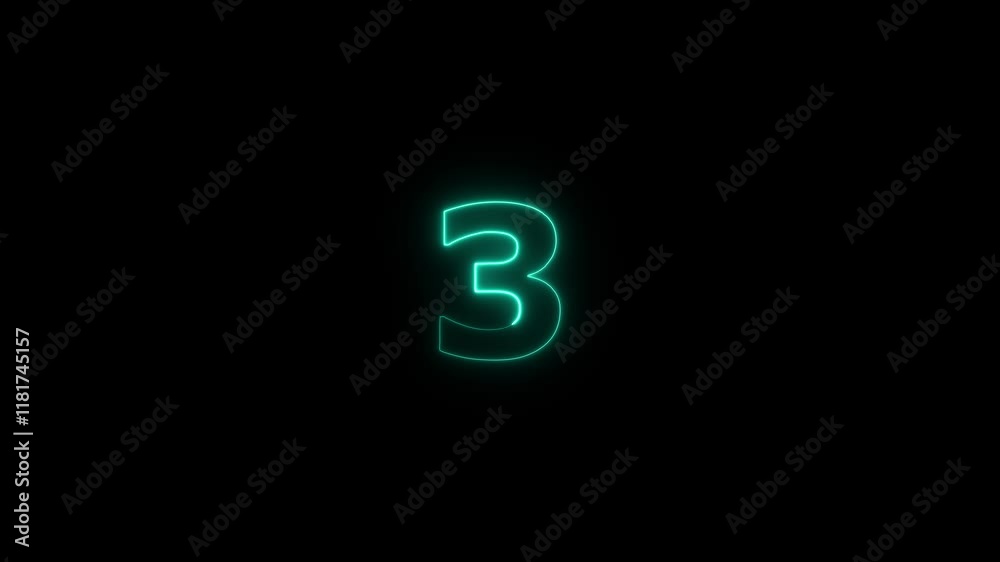 Abstract glowing neon text 3 number countdown icon. Neon numeric number 3 animation.