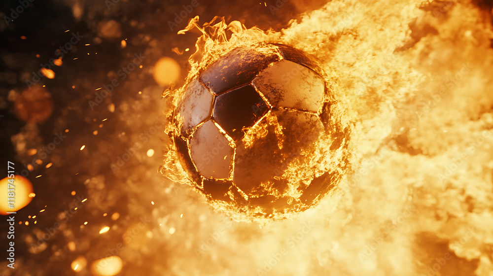 Fototapeta premium A flaming soccer ball in motion, symbolizing energy and excitement in sports.